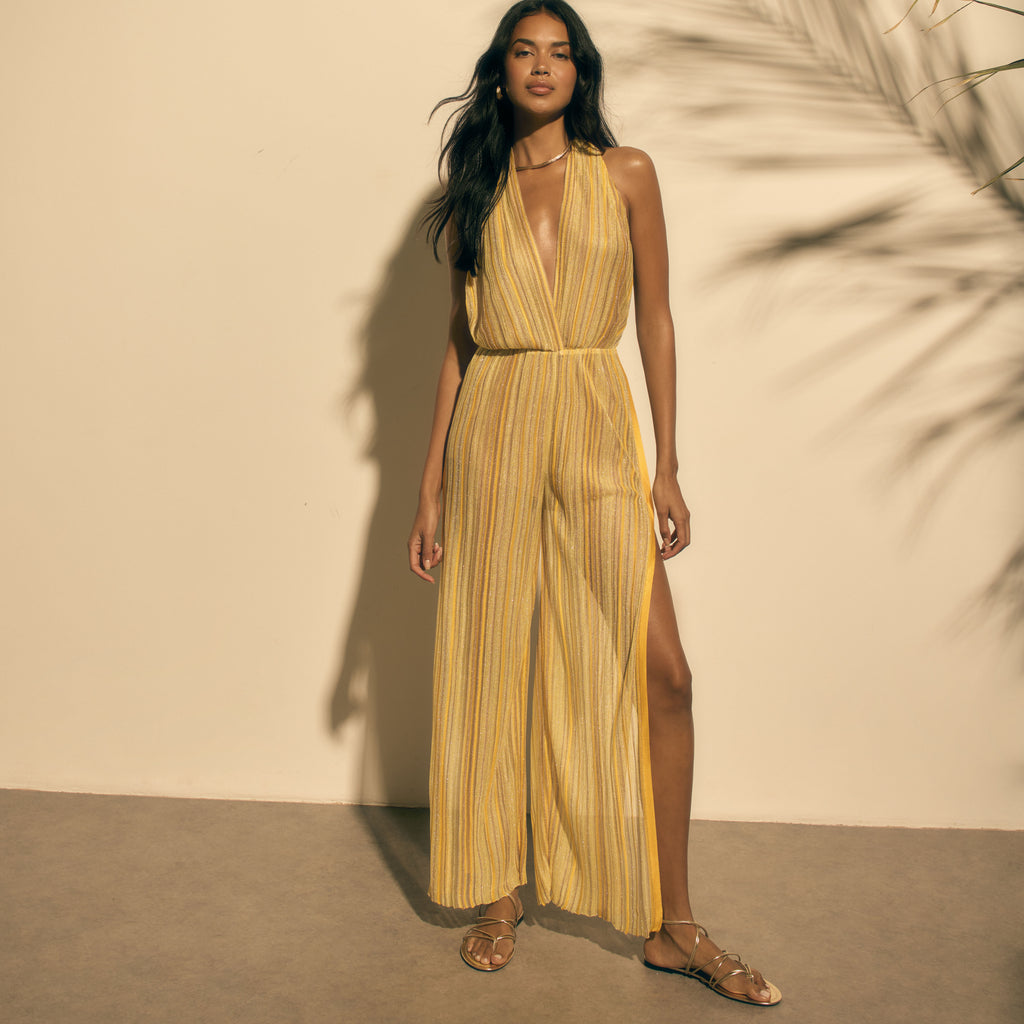 yellow lurex knit jumpsuit with thigh high slits kukhareva london