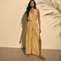 yellow lurex knit jumpsuit with thigh high slits kukhareva london