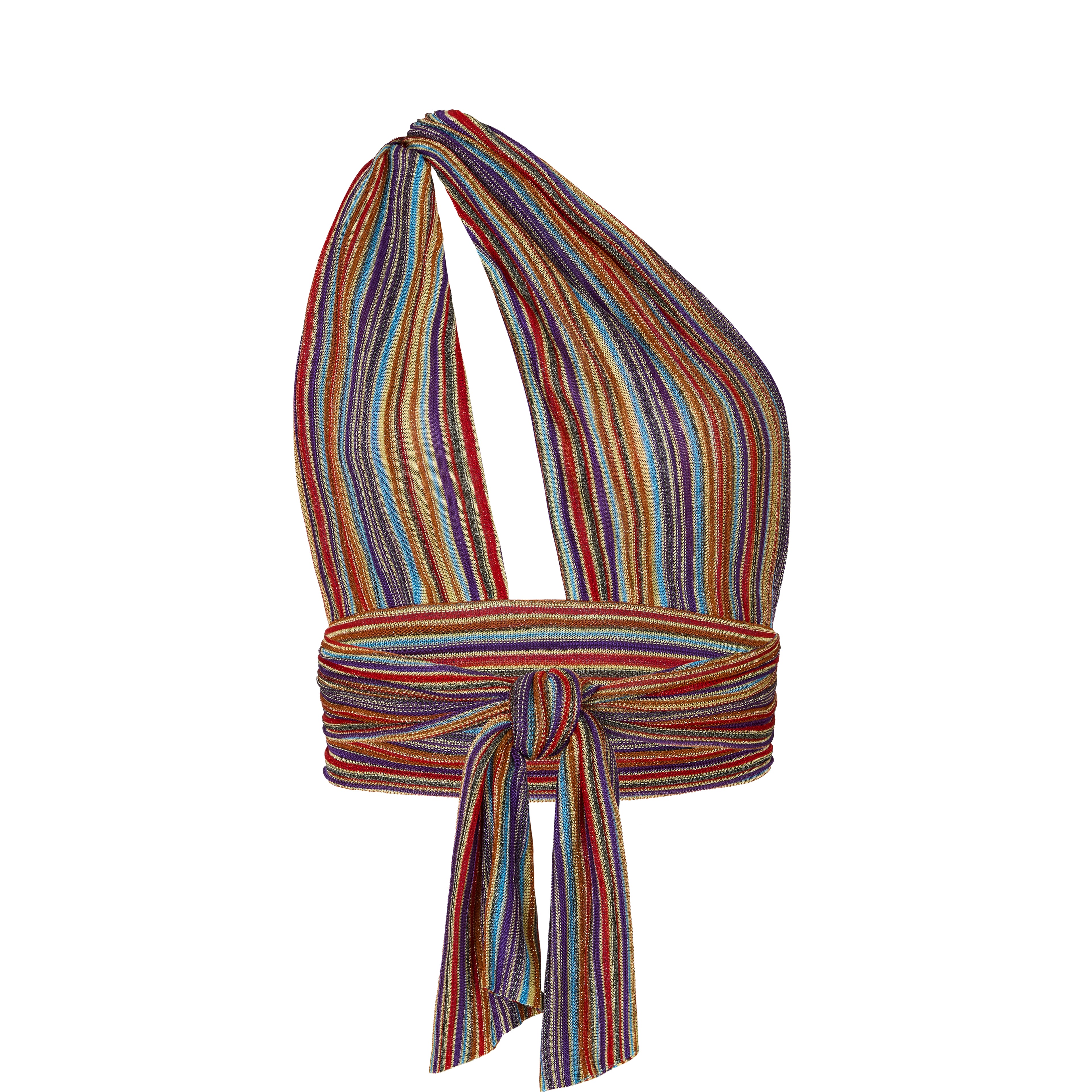 product shot of multistriped one shoulder halter top with self tie adjustable waist, on white background Bella Top Berry Fig by Kukhareva London