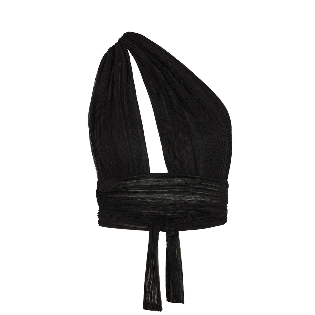 Black lurex knit halter top with a tie detail on a white background