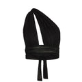 Black lurex knit halter top with a tie detail on a white background