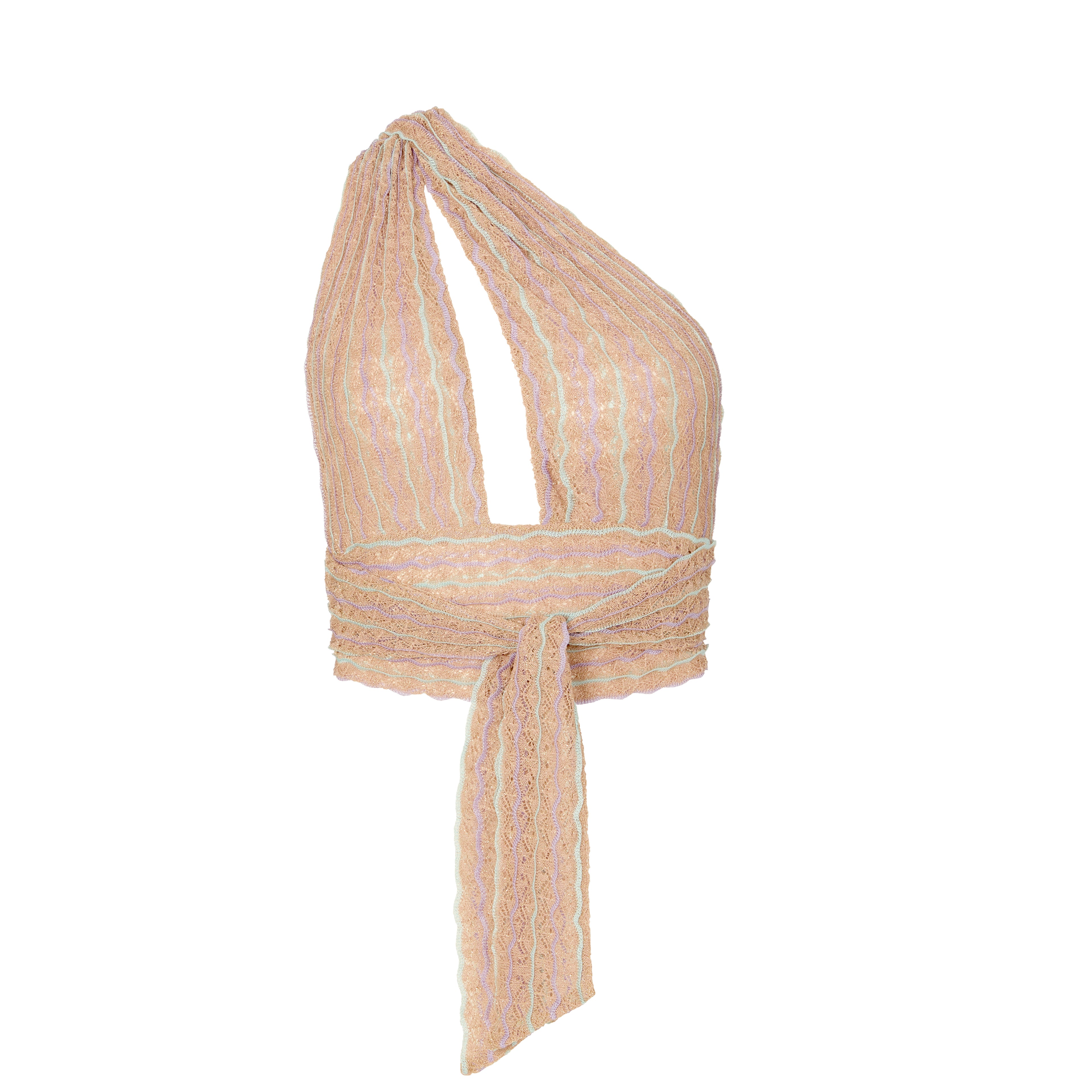 Beige blush pink striped halter top styled one shoulder on a white background  Bella Top Pineberry Kukhareva London