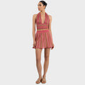 Woman wearing a pink and red striped dress on a white background Bella Top Storm Skirt By Kukhareva London