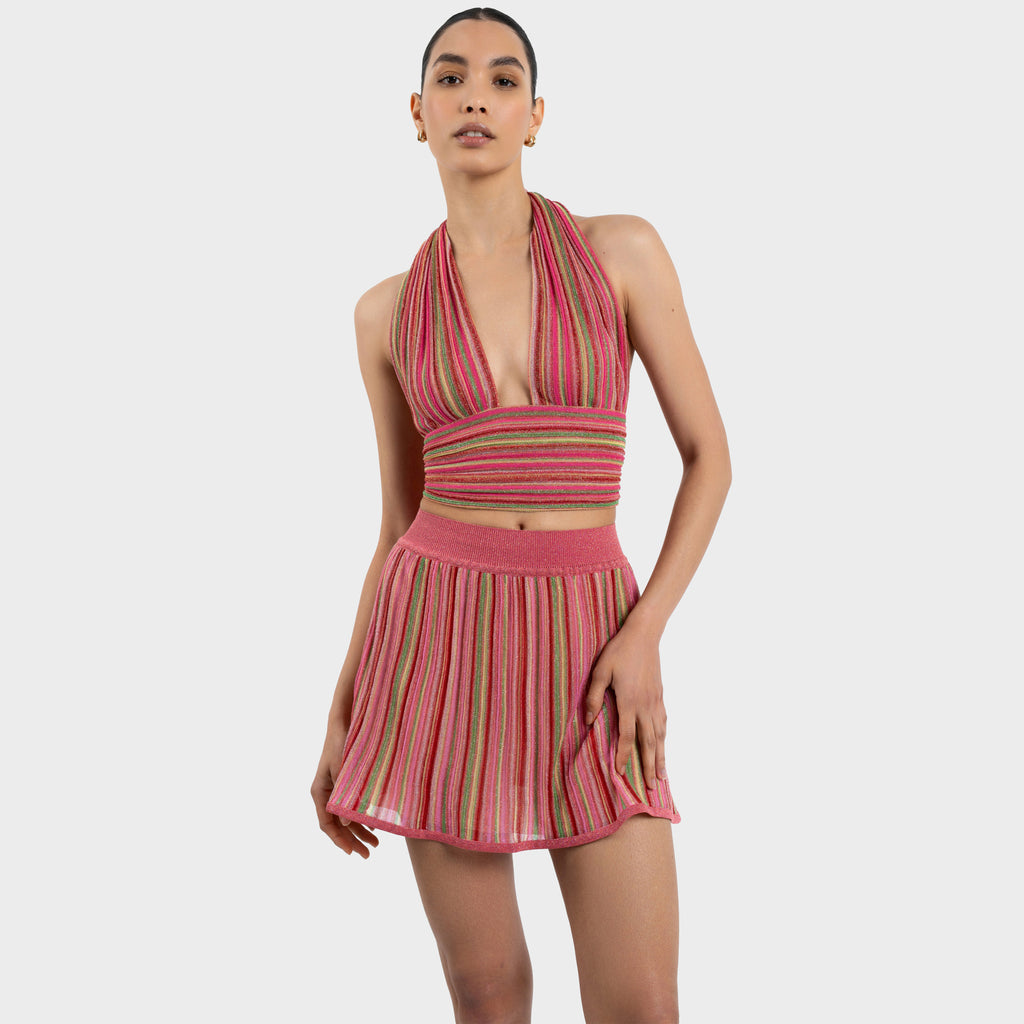 model wearing red green striped halter top with a matching mini skirt Bella Top Storm Skirt by Kukhareva London