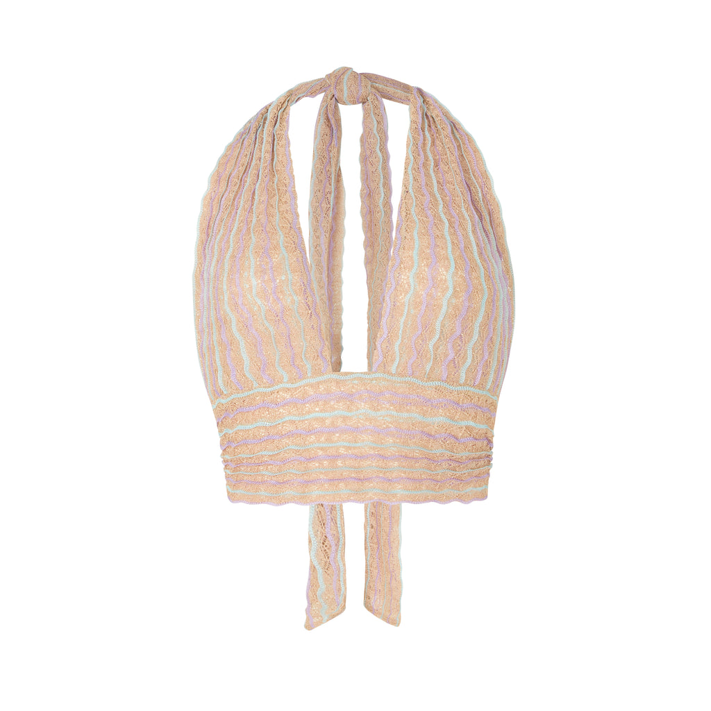 Striped beige blush pink halter top on a white background Bella Top Pineberry Kukhareva London