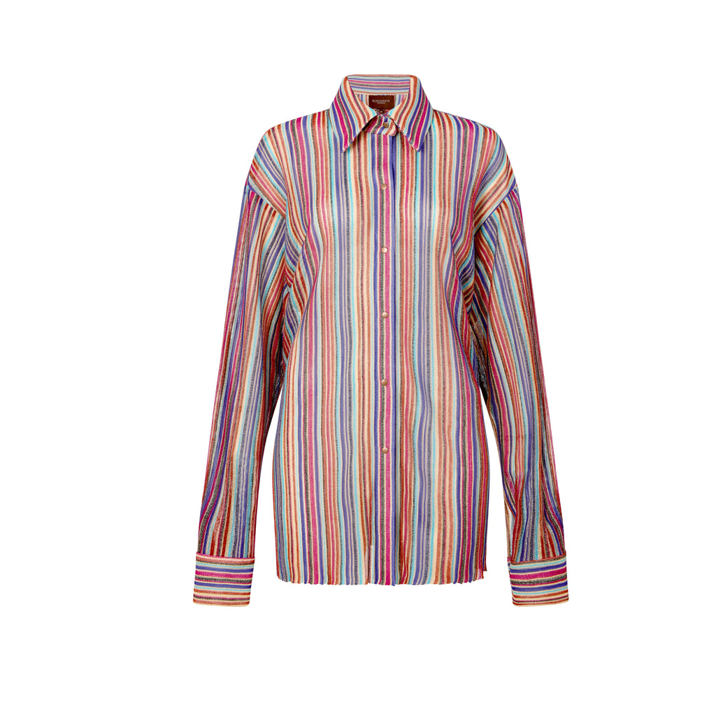 Multicolored striped oversized shirt on a white background, lurex summer knit iris shirt by kukhareva london