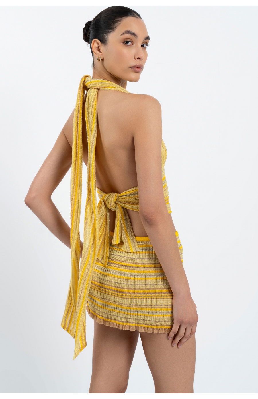 Back view close up showing adjustable waist ties on Bella Halterneck Top