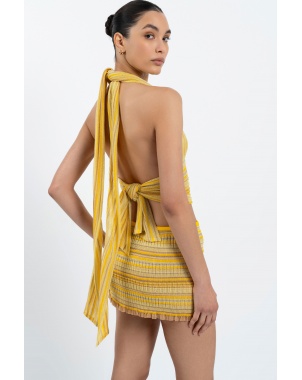 Back view close up showing adjustable waist ties on Bella Halterneck Top